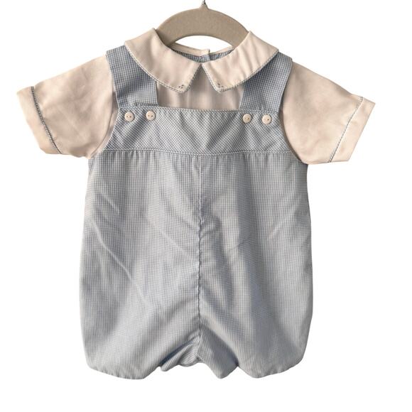 Petit Ami Baby Boy Romper 6M Blue Gingham Button Front Bubble Classic Heirloom - Picture 1 of 6